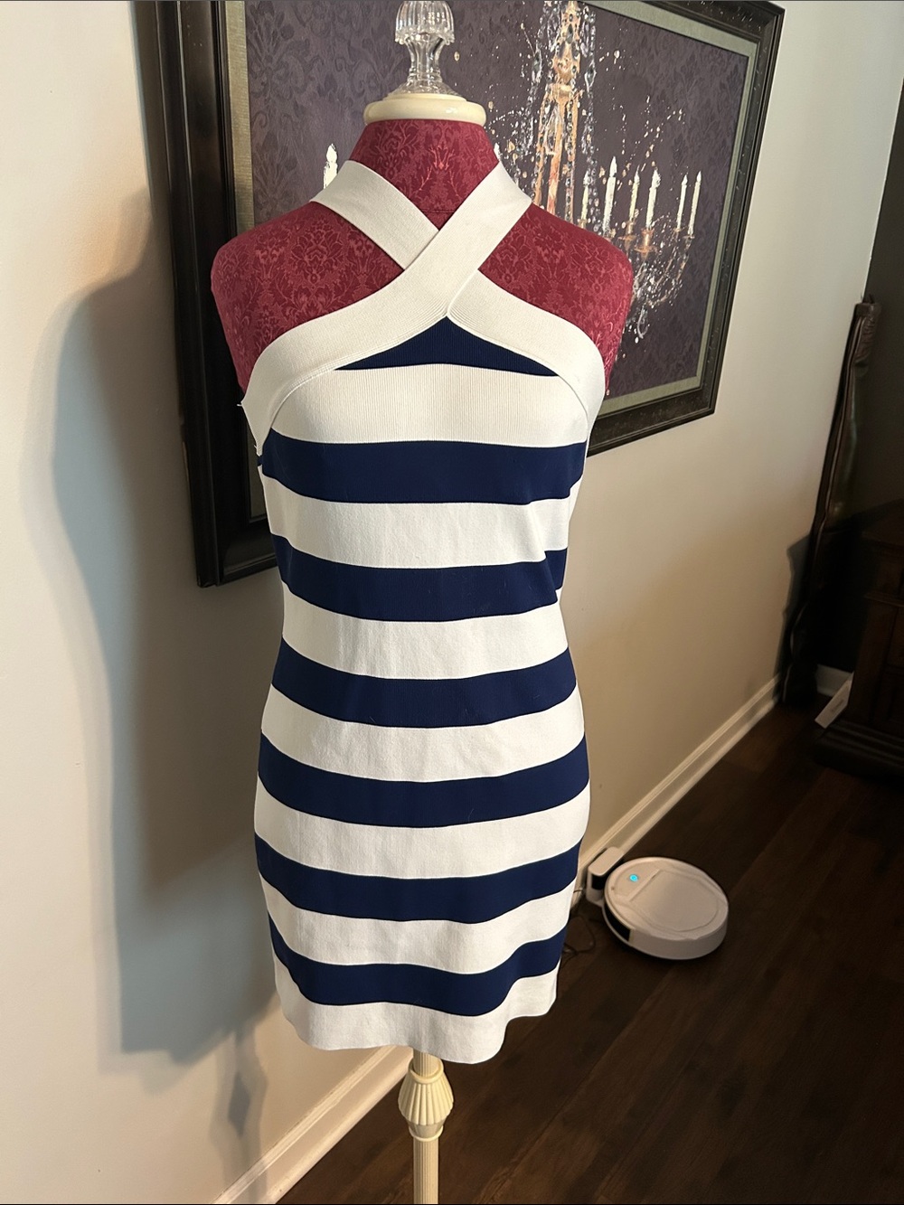 Navy and White Striped Crisscross Halter Mini Dress